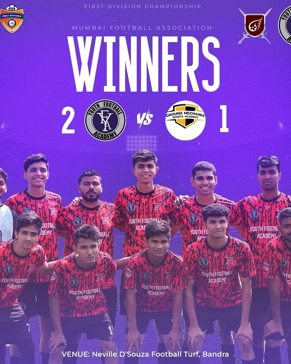 Celebrating a hard-fought 2-1 victory in the Mumbai Football Association First Division Championship. This win showcases the determination and spirit of our senior team.