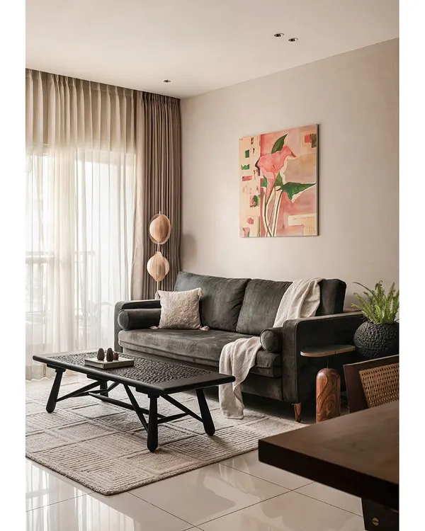 Introducing 'Kayu', a quaint home designed to embrace minimalism with warm teak wood tones and subtle, muted colors. This living room is a perfect example of the balance between simplicity and elegance, creating a serene and inviting atmosphere.
