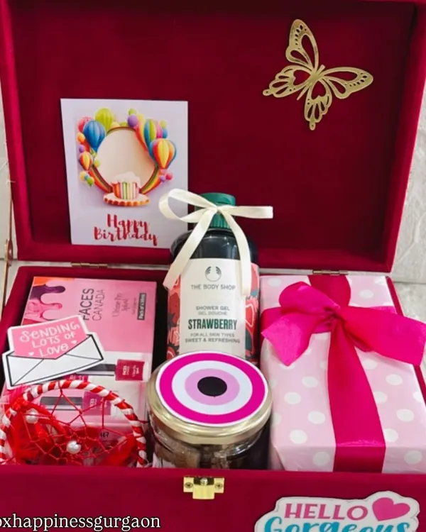 This 'Hello Gorgeous' birthday gift box is filled with love, featuring The Body Shop shower gel, a gift-wrapped surprise, and other pampering essentials.