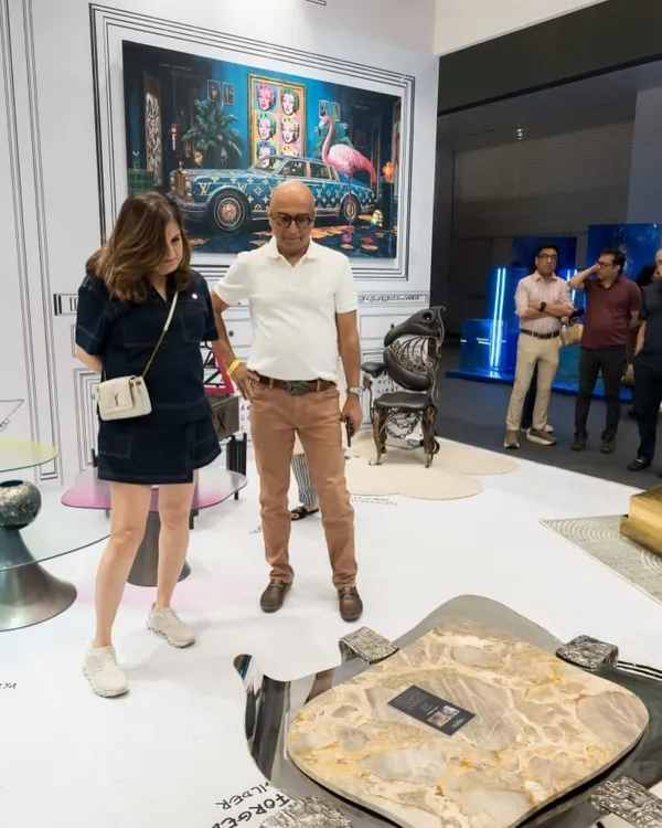 Discussing the "Flow Forged" table, a piece of functional art, at the AD Mumbai exhibition with Portofino Gallery.