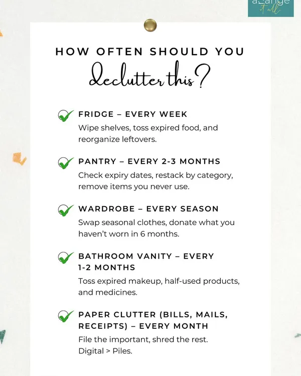 How often should you declutter? This simple checklist gives you a realistic timeline for tackling your fridge, pantry, wardrobe, and more.