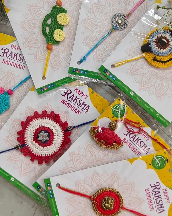 A colorful assortment of our eco-friendly crochet Rakhis. We have designs for everyone, from playful characters like Minions and cupcakes for kids, to traditional Ganesha and floral motifs.