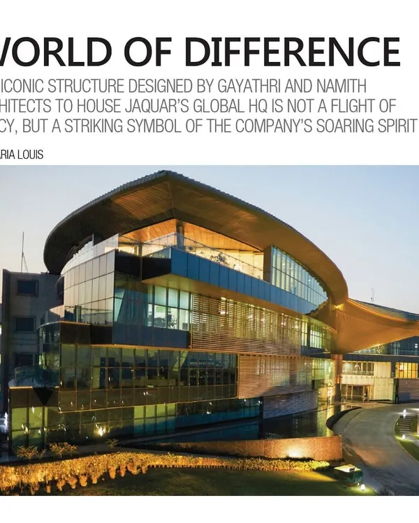 A magazine feature on the Jaquar Global HQ, highlighting its iconic structure. The design was conceived as a symbol of the company's soaring spirit, blending futuristic form with sustainable principles.