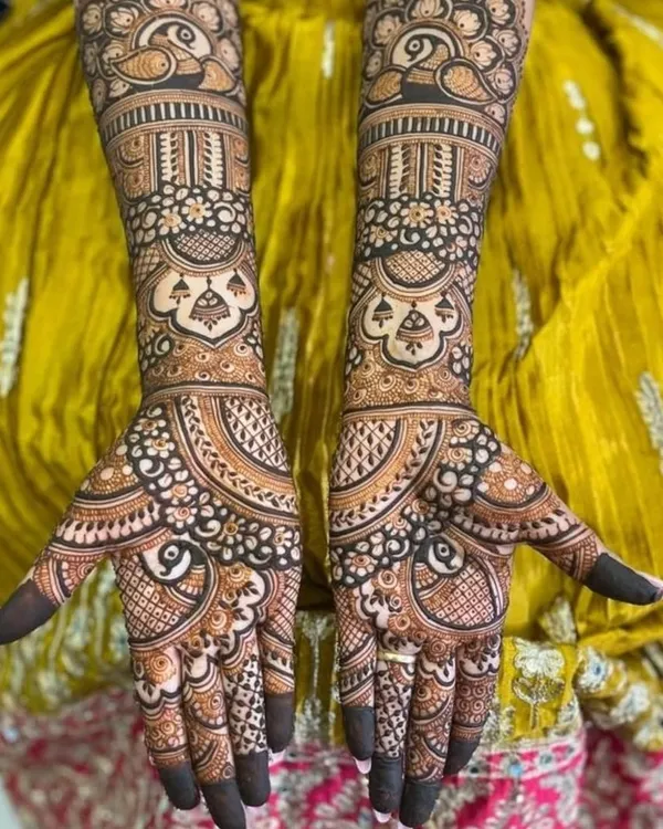 A classic full-hand Rajasthani design, filled with peacocks, paisleys, and fine line work. This style is timeless and perfect for any bride.