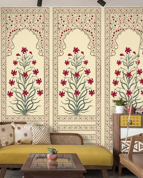 This stunning panel design from the Florina collection features traditional Indian floral motifs within architectural arches. The vibrant red flowers create a striking contrast against the cream background, perfect for a feature wall.