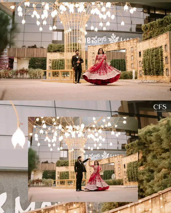 A playful and grand reception shot, with the bride twirling her red lehenga. This image captures the joy and energy of the celebration against a beautifully lit backdrop.