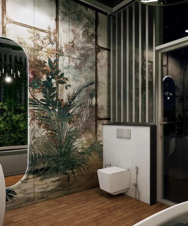 This bathroom design features a stunning tropical mural, a freestanding sink, and an arched mirror, creating an immersive and artistic experience.