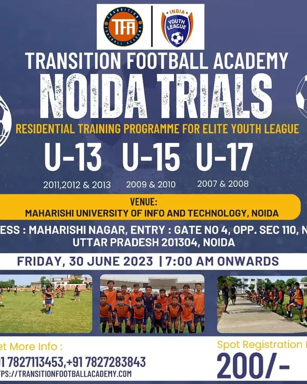 This poster details our Noida trials for the U-13, U-15, and U-17 age groups. We provide all necessary information, including venue, registration details, and required documents, to make it easy for aspiring players to attend.