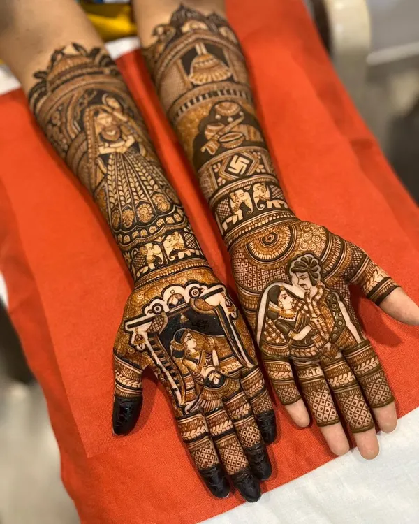 A beautiful bridal design telling a complete story, with a detailed portrait of the bride on one hand and a romantic couple portrait on the other, complete with wedding ceremony elements.