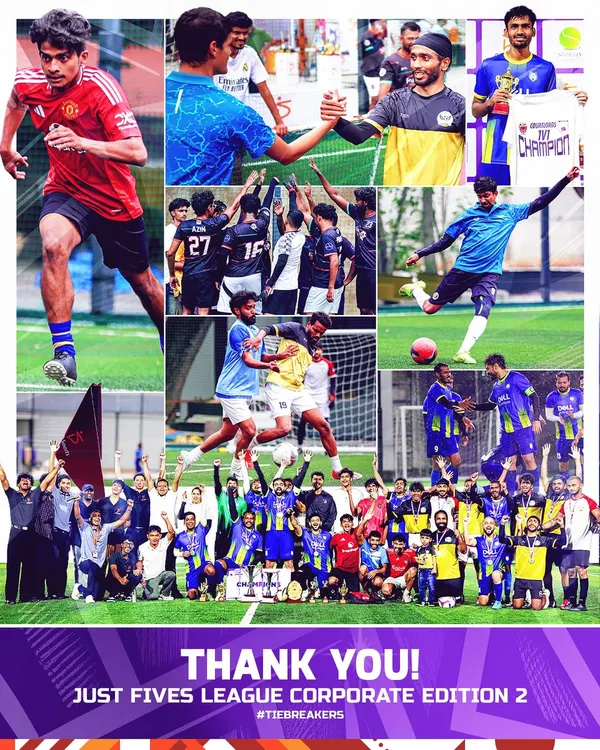 A collage capturing the best moments from the Just Fives League Corporate Edition 2. The event was a huge success, featuring a 1v1 Challenge, a Shootout League, and the main Tiebreakers course, all designed to maximize engagement.
