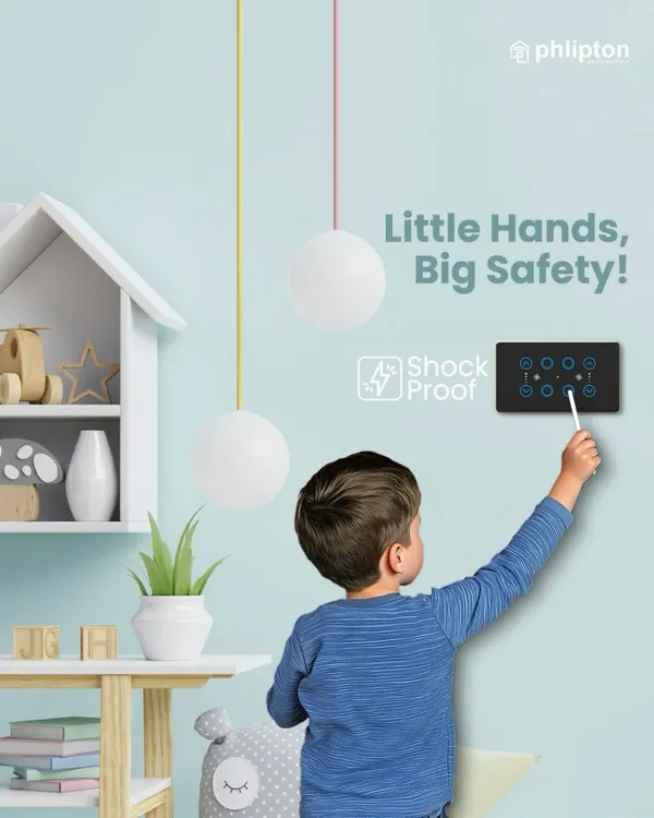 Little hands, big safety. This image shows a child safely interacting with a Phlipton switch. My shockproof design protects curious little fingers from harm.