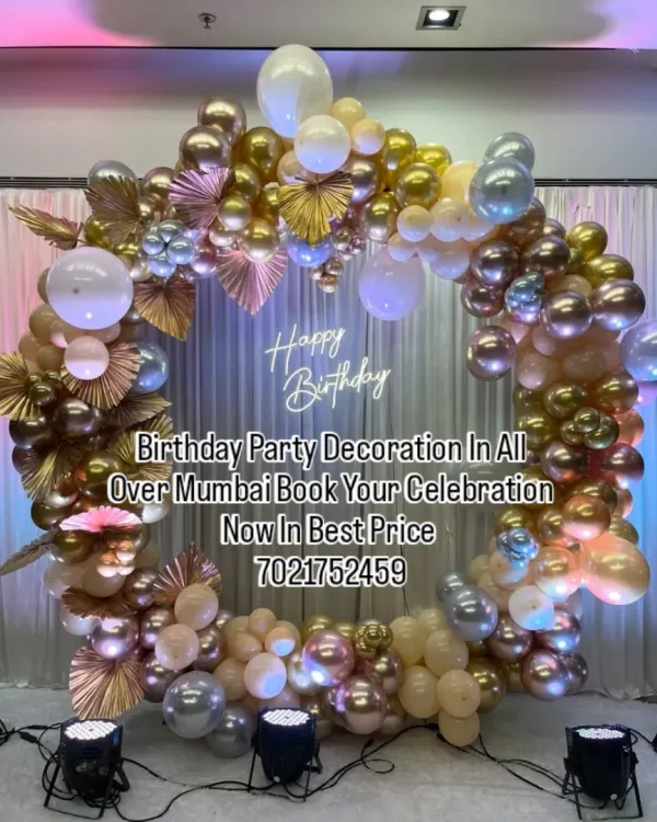 I create stunning, modern birthday decorations that will be the highlight of your party. This elegant gold and chrome balloon ring with a custom neon sign is perfect for milestone birthdays and chic celebrations, all set up for you in about an hour.