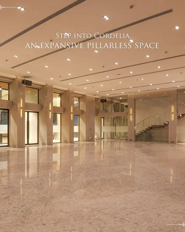 An empty view of the Cordelia Ballroom, showcasing its expansive, pillarless design and polished marble floors. This unobstructed space offers limitless possibilities for event design, from grand weddings to large-scale conferences.