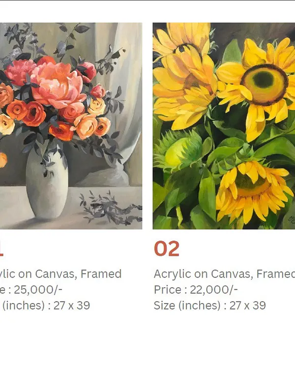 A duo of acrylic paintings ready for a new home. On the left, a classic still life with a bouquet of peonies and roses in a vase, and on the right, a vibrant bunch of sunflowers, capturing the essence of sunshine.
