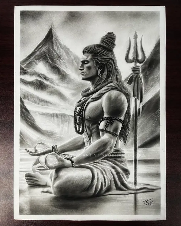 A powerful charcoal drawing of Lord Shiva in meditation. I focus on capturing the serene yet intense energy of spiritual figures, creating pieces that bring a sense of peace and strength to any space.