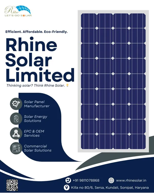This poster lists our full range of services: Solar Panel Manufacturer, Solar Energy Solutions, EPC & OEM Services, and Commercial Solar Solutions. When you think solar, think Rhine Solar.