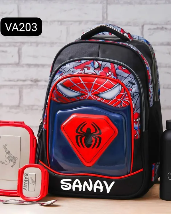 Get your little hero ready for school with this personalized Spider-Man backpack set. It includes a matching lunch box and water bottle, all customized with your child's name.