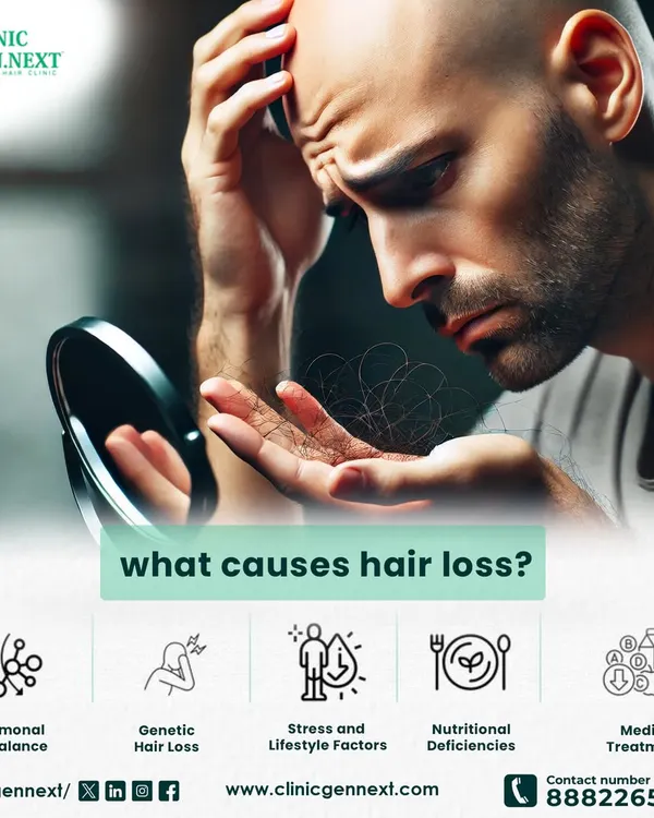 What causes hair loss? This graphic outlines the main factors, including hormonal imbalance, genetics, stress, nutritional deficiencies, and certain medical treatments.