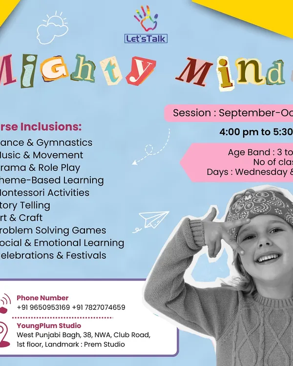 This graphic gives you a snapshot of our Mighty Minds after-school program, detailing all the enriching activities we offer, from dance and drama to Montessori learning and problem-solving games.