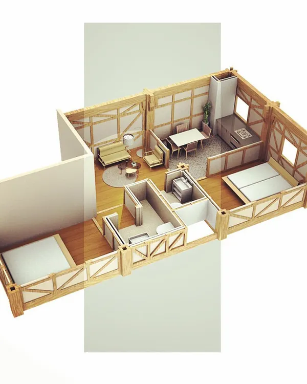 This 3D model shows a conceptual layout for an apartment in a tall timber tower. My research explores how to use engineered timber to build sustainable, multi-story housing, bringing the warmth and ecological benefits of wood to urban living.