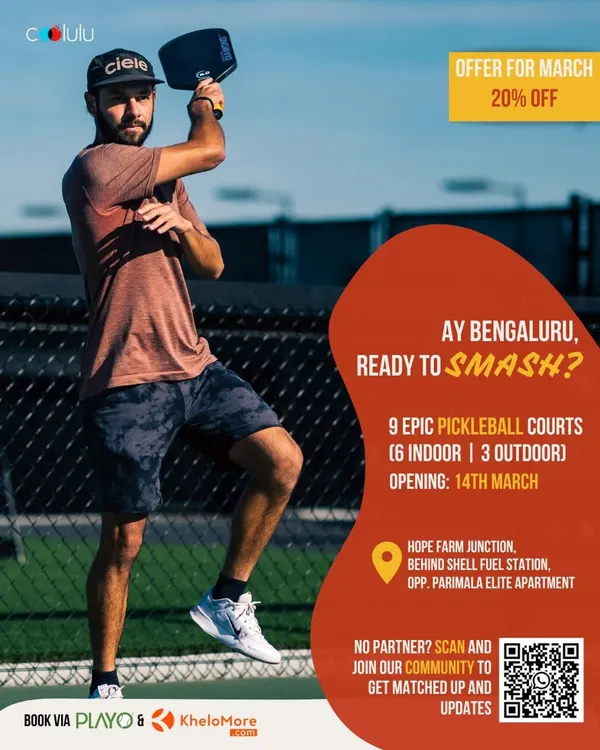 My new Whitefield location is ready for you with nine epic pickleball courts. This poster captures the energy of the game, featuring a player mid-swing, ready to smash the ball. It's a perfect glimpse into the fun you can have here, whether you are a pro or just starting out.