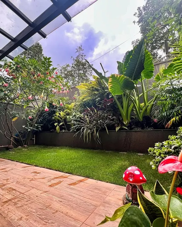 This is what garden goals look like! This backyard has it all: a lush lawn, a wooden deck, and a beautiful mix of tropical plants and flowering trees. It's a space that has been nurtured with love and has grown into a true paradise.