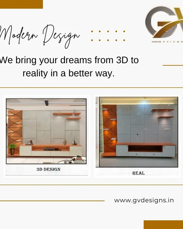 See your vision come to life. This image shows the direct comparison between our detailed 3D design render and the final, real-life installation of a TV unit, showcasing our commitment to precision and execution.