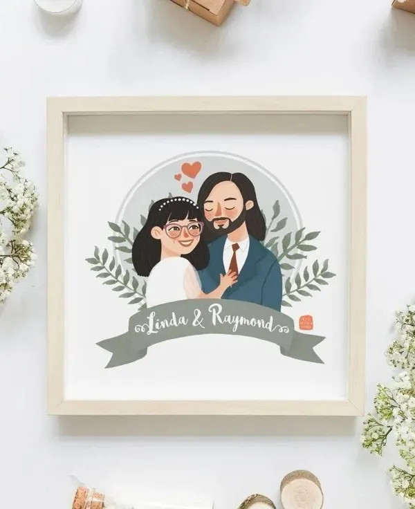A personalized couple illustration, framed and ready to be gifted. We create these custom portraits for anniversaries, weddings, or just to celebrate love, complete with names and banners.