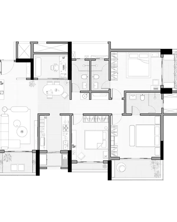 The complete floor plan for the 'Tranquil Tides' project. This layout was crucial for establishing the flow from the living areas to the bedrooms and integrating features like the vaulted ceiling and hidden office.