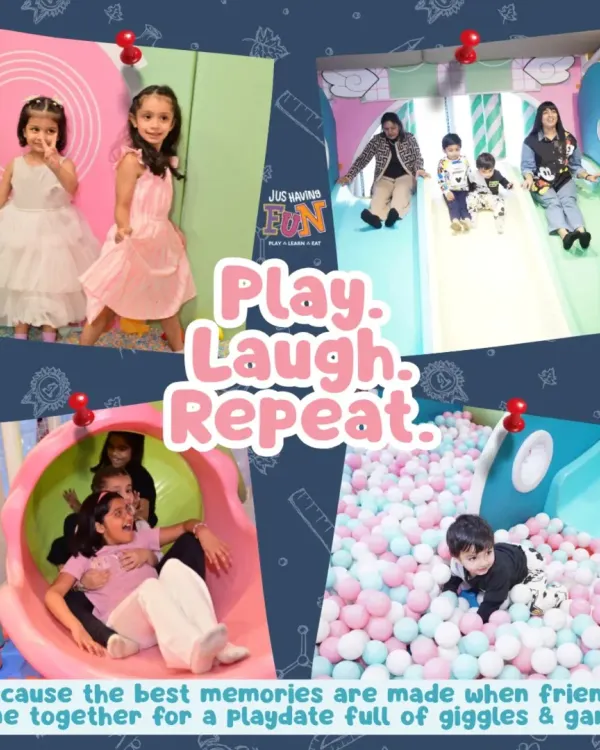 Play, laugh, and repeat. This collage captures the essence of our play area: a place for slides, ball pits, and making friends. It's where the best memories are made, full of giggles and games.