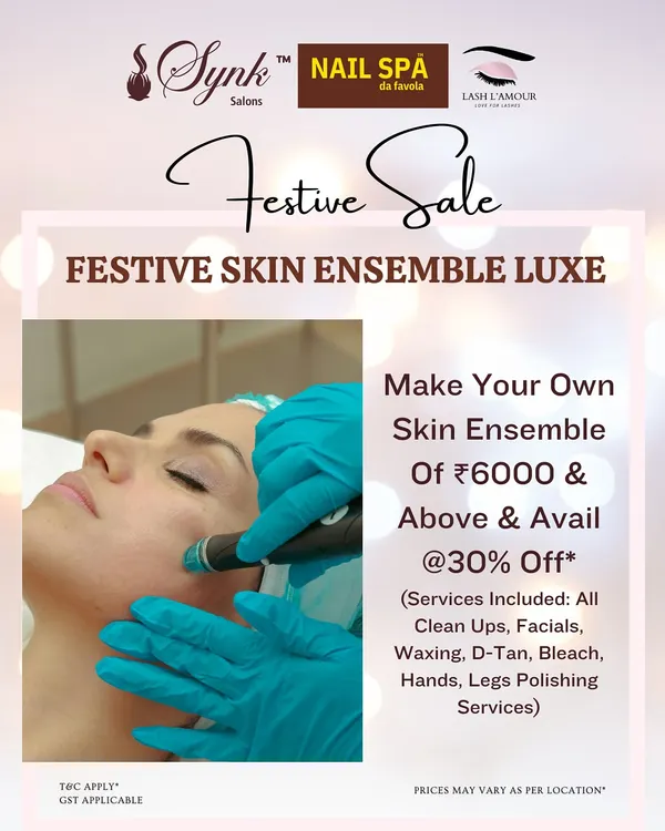 My Festive Skin Ensemble Luxe offer. This package allows you to create your own skin care ritual from a selection of services including clean-ups, facials, waxing, and polishing.