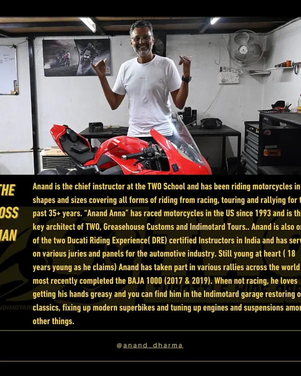 A little about me, Anand. I'm the chief instructor at TWO School and have been riding, racing, and wrenching for over 35 years. You'll find me in the garage getting my hands greasy.