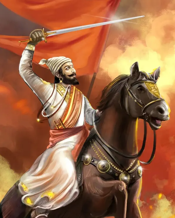 A full-color digital painting of Chhatrapati Shivaji Maharaj on his horse, waving the saffron flag. This is an alternate version of one of my most popular works, capturing his victorious spirit.