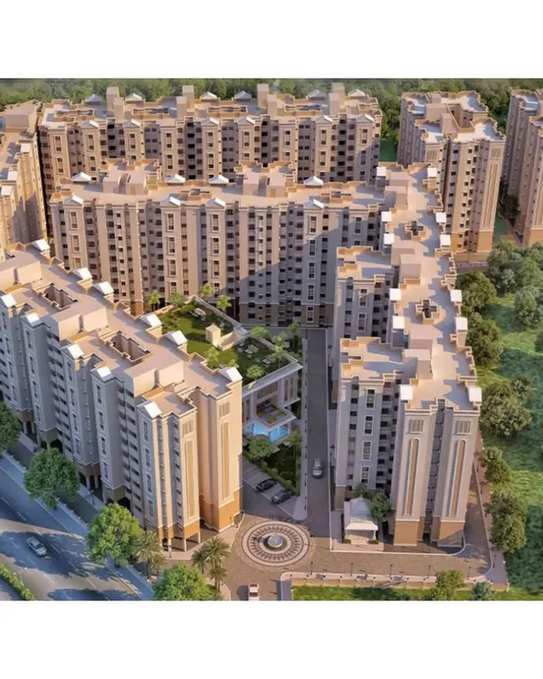 An aerial rendering of the Love Home Jodhpur township, showcasing our approach to community planning. The layout clusters residential blocks to create intimate courtyards and shared green spaces, fostering a sense of community.