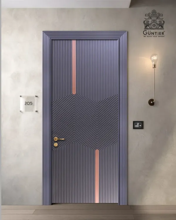This door combines a modern fluted texture with bold geometric patterns and a striking copper inlay. The cool grey PU paint finish makes it a contemporary masterpiece for any stylish home.