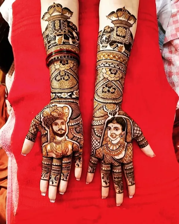 A royal portrait bridal mehndi featuring stunningly detailed figures of a king and queen, perfect for a bride who wants a majestic and traditional design.