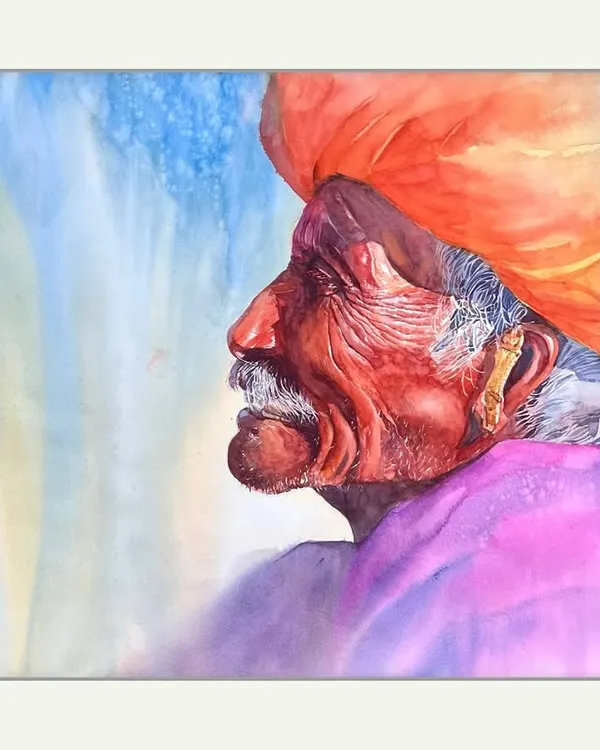 Titled 'A Life Well Lived,' this large watercolour piece celebrates the beauty of old age. The vibrant colours of the turban and shirt contrast with the detailed wrinkles on his face, each one a mark of time and experience.
