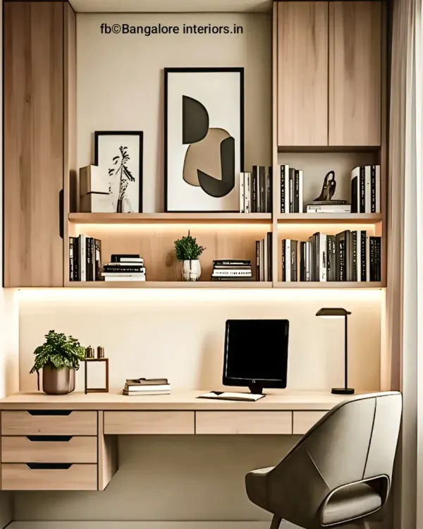 A clean and modern floating study desk with integrated drawers and extensive overhead shelving with built-in lighting. This setup provides a well-lit and organized workspace.
