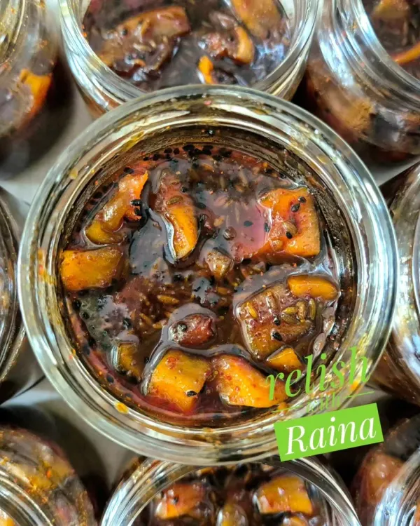 This is a close-up of my Sweet Raw Mango Pickle, a traditional Rajasthani recipe that reminds me of my childhood. I use pieces of Rajapuri kairi, which are known for their sweetness, and combine them with sugar, fennel seeds, and onion seeds. It’s a perfect balance of sweet, tangy, and mildly spicy.