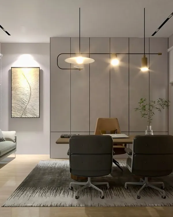 A workspace designed for focus and clarity. This office features a large wooden desk, ergonomic chairs, and a feature wall with clean vertical lines. The lighting is a combination of functional track lights and a sculptural pendant, creating a balanced and professional environment.