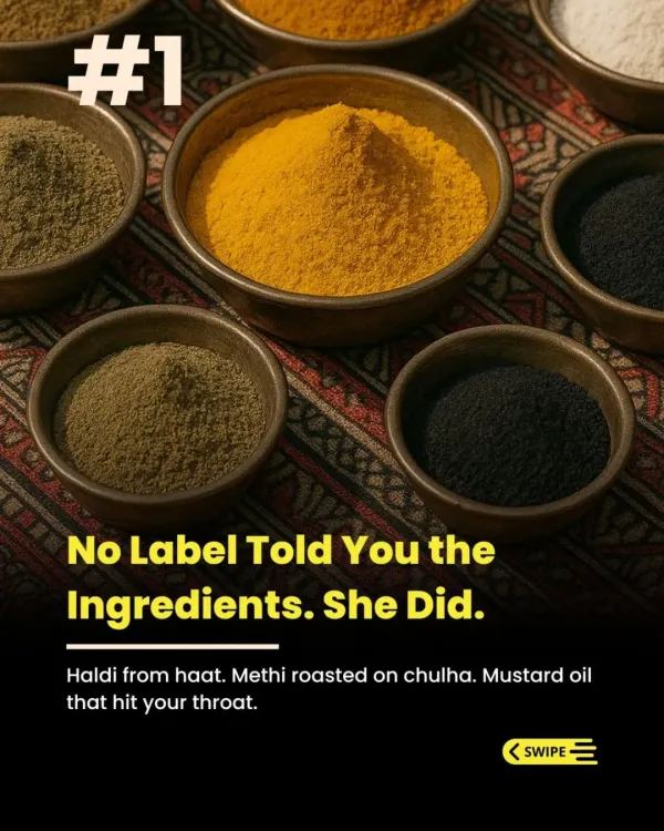 Back then, you knew what was in the achar because your mother showed you. Haldi from the haat, methi roasted on the chulha. We follow the same intent, making our pickles slowly and by hand.