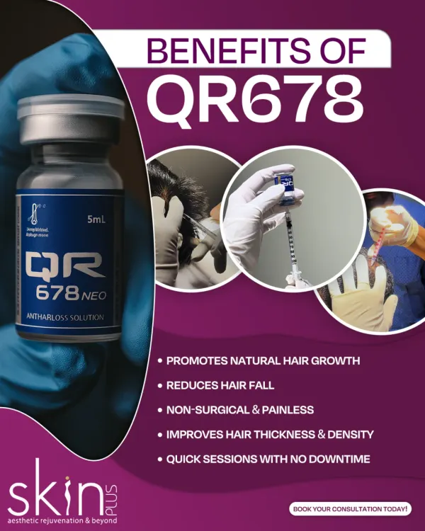 This graphic details the benefits of the QR678 anti-hair loss solution. I use this patented, non-surgical treatment to reduce hair fall and promote natural growth with quick, painless sessions that require no downtime.