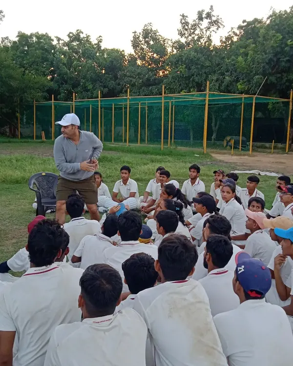 Our mentor, Virender Sehwag, addresses a group of young cricketers at our R K Puram centre. These group sessions are crucial for sharing game strategy and building mental toughness.