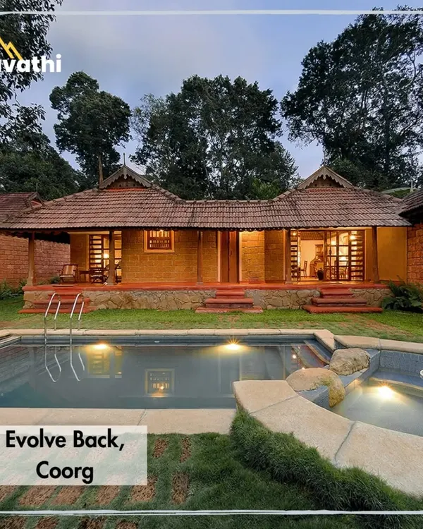 The private pool villa at Evolve Back, Coorg. This property is set within a lush coffee and spice plantation, offering a perfect blend of heritage, nature, and five-star luxury.