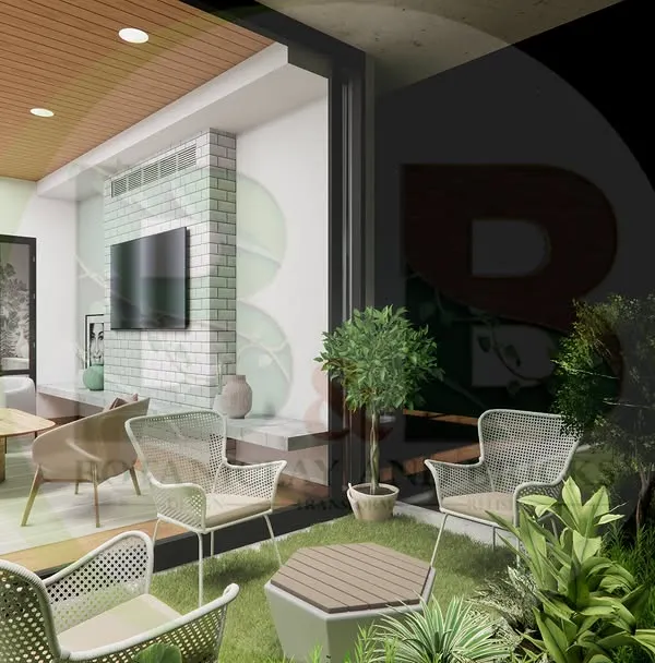 This 3D render shows how we connect indoor and outdoor living. The transitional living room opens up to a green patio space, blurring the lines between inside and out and creating an extended area for relaxation.