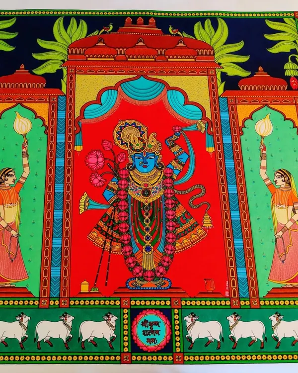 This magnificent 3.5-foot Srinathji painting is a perfect example of Pichwai art, a style I deeply love. The vibrant colors and intricate details, from the lotus garland to the attendant Gopis, are all hand-painted to bring a sense of devotion and grandeur to your living space.