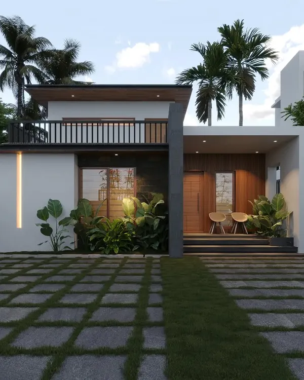 A stylish single-story home that uses a combination of white walls, dark stone, and wood accents. The design includes a small rooftop terrace, maximizing usable space.