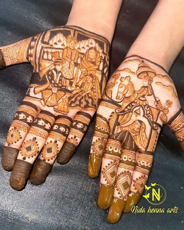 This is my signature bridal storytelling. On one palm, I've depicted the emotional Kanyaadan ceremony, and on the other, the joyous Baarat with the bride in a doli. This is how we turn your hands into a canvas for your wedding story.