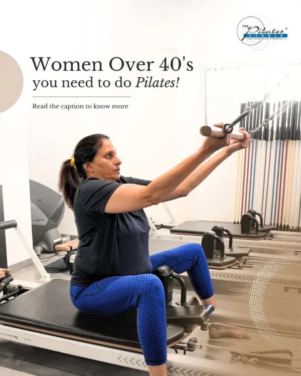 A client performs an arm series on the Reformer, an excellent way to build upper body strength while maintaining core stability. This is particularly beneficial for women over 40 to support joint health.