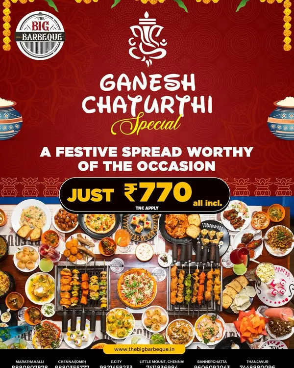 Our Ganesh Chaturthi special captures the heart of our promise: a massive, festive spread with something for everyone. This overhead shot shows the sheer variety of our unlimited buffet, from live barbeque starters and pizzas to traditional Indian mains and desserts.